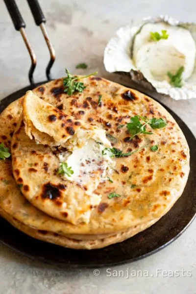 Overhead view of aloo paratha