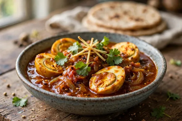 Bowl of Pakistani egg curry with halved boiled eggs in thick red-orange masala, garnished with fresh coriander, served with roti