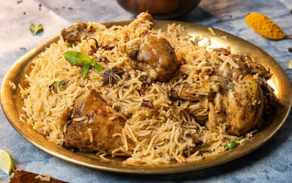 Overhead view of chicken biryani