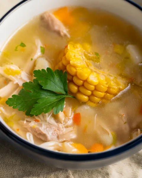 Bowl of golden chicken corn soup with shredded chicken, corn kernels, egg ribbons and spring onion
