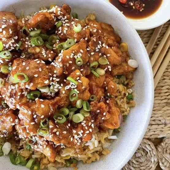 Overhead view of chicken fried rice