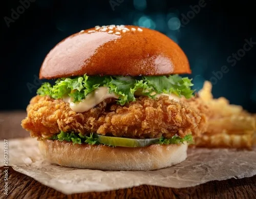 A crispy fried chicken burger with lettuce, tomato and pickles in a toasted bun, served with fries