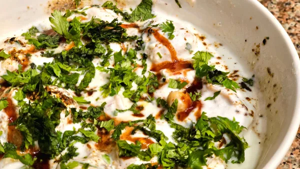 A dish of Dahi Baray with lentil fritters in yogurt, tamarind chutney, spices and pomegranate seeds