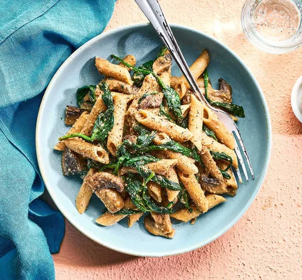 Overhead view of creamy mushroom penne