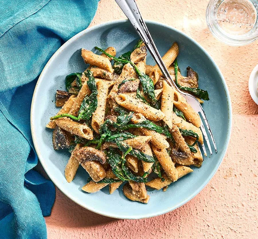 Overhead view of creamy mushroom penne