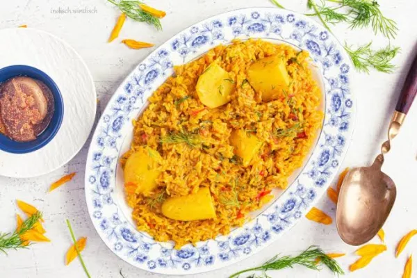 A pot of golden tahiri rice with potatoes and green peas, garnished with fresh coriander and mint