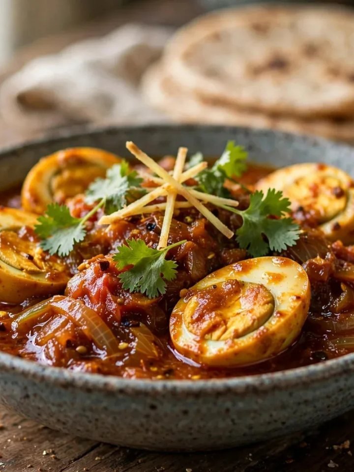 Bowl of Pakistani egg curry with halved boiled eggs in thick red-orange masala, garnished with fresh coriander, served with roti