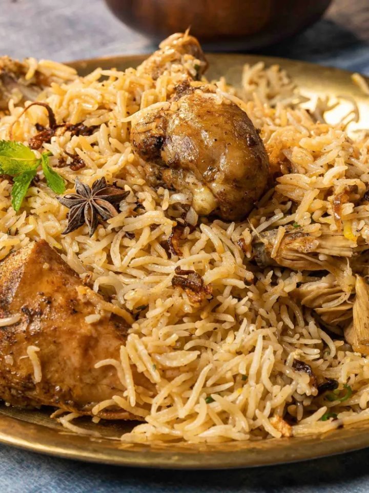 Overhead view of chicken biryani