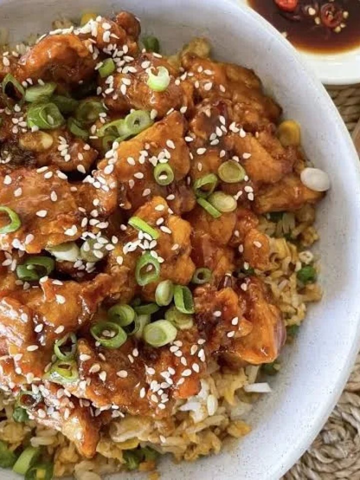Overhead view of chicken fried rice
