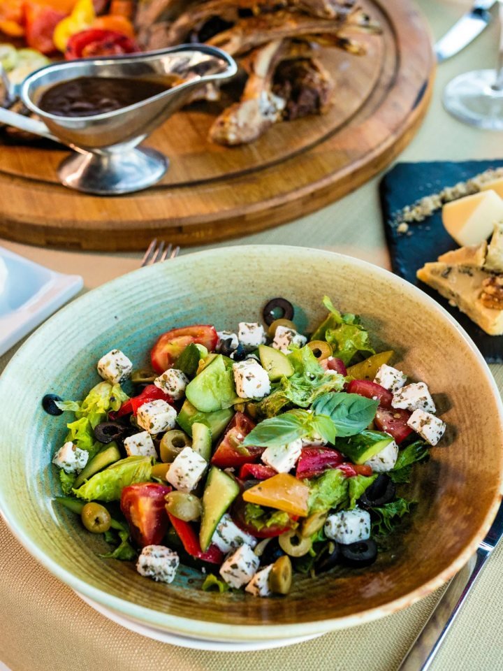 Overhead view of greek salad
