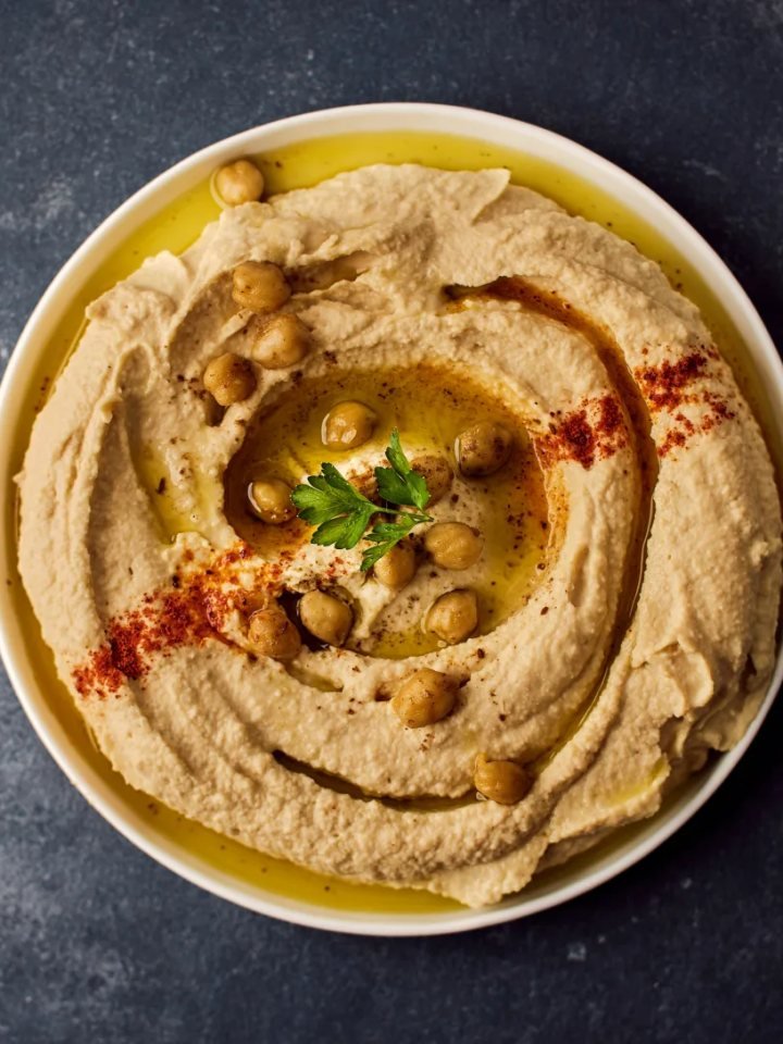 Overhead view of silky hummus