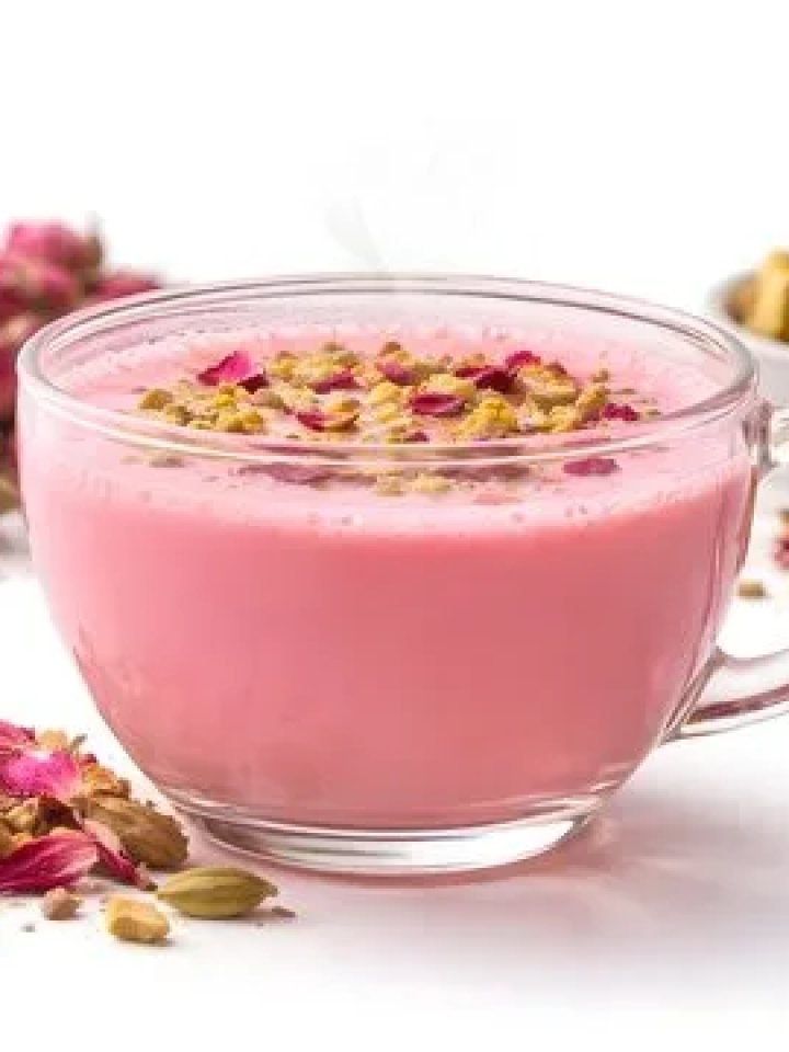 A cup of pink Kashmiri chai topped with crushed pistachios and almonds, beside cardamom pods and a cinnamon stick