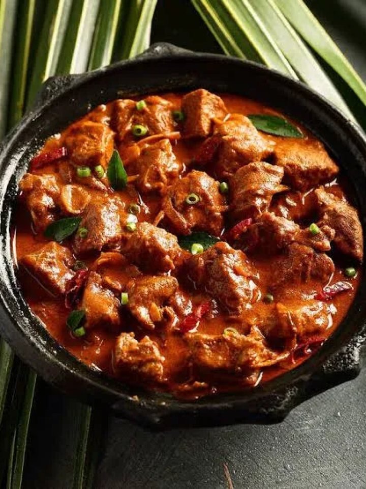 A pot of deep red rogan josh with tender lamb pieces, garnished with fresh coriander, beside rice and naan