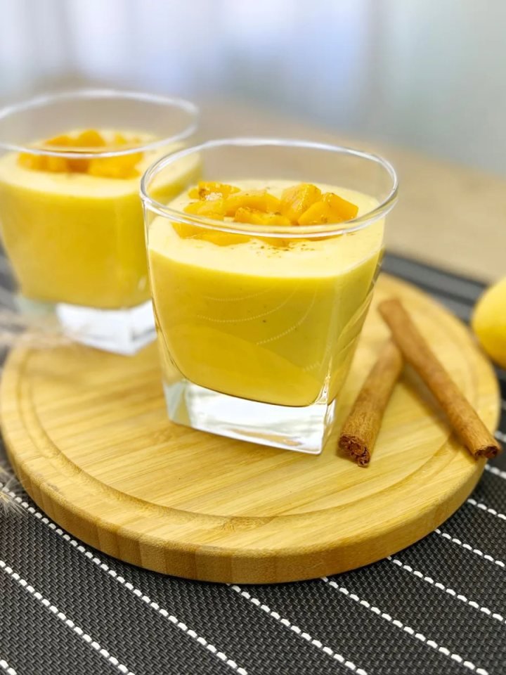 Overhead view of mango lassi