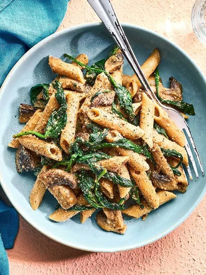 Overhead view of creamy mushroom penne