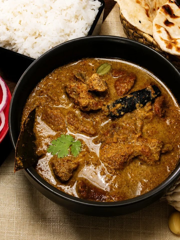 Mutton chops in thick red-brown masala with ginger, green chillies and coriander in a karahi