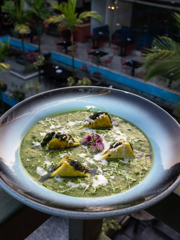 Overhead view of palak paneer