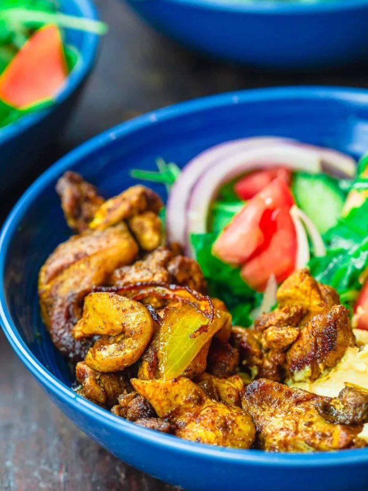 Overhead view of chicken shawarma bowl