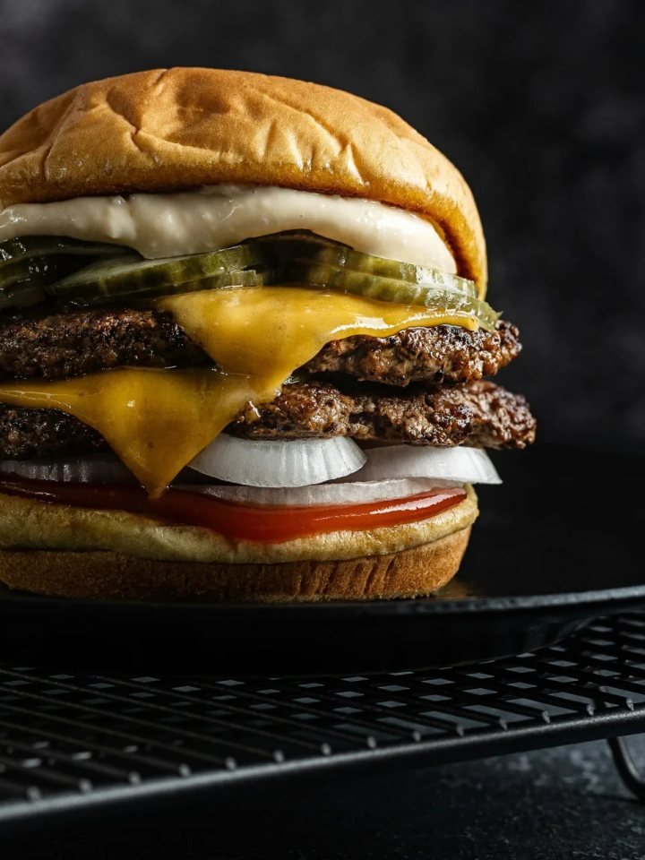 Overhead view of smash burgers